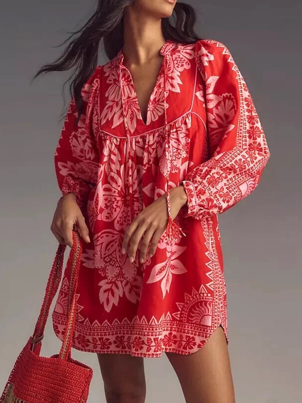 Farm Rio Linen Mini Dress Flora Tapestry Anthropologie Bracelet Long Sleeve Pink